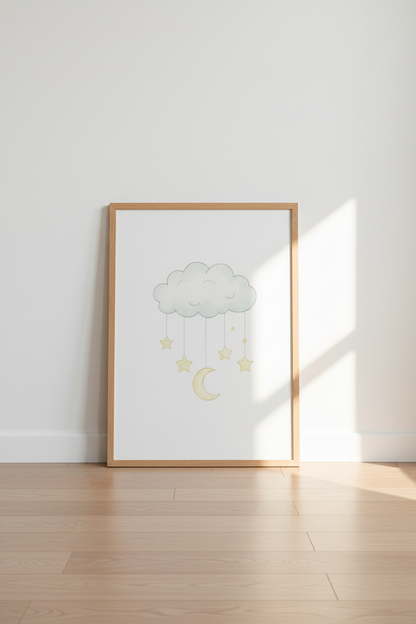 Minimalist Cloud &amp; Moon Wall Art Print | Baby Nursery Decor | Boho Kids Room Poster | Framed Bedroom Art