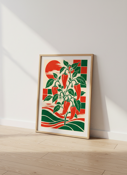 Chili Pepper Botanical Wall Art | Red &amp; Green Kitchen Decor | Retro Japanese Poster