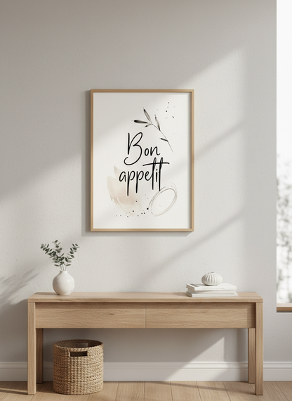 Bon Appetit Print | Kitchen Wall Decor, Dining Calligraphy Art, Neutral Foodie Gift