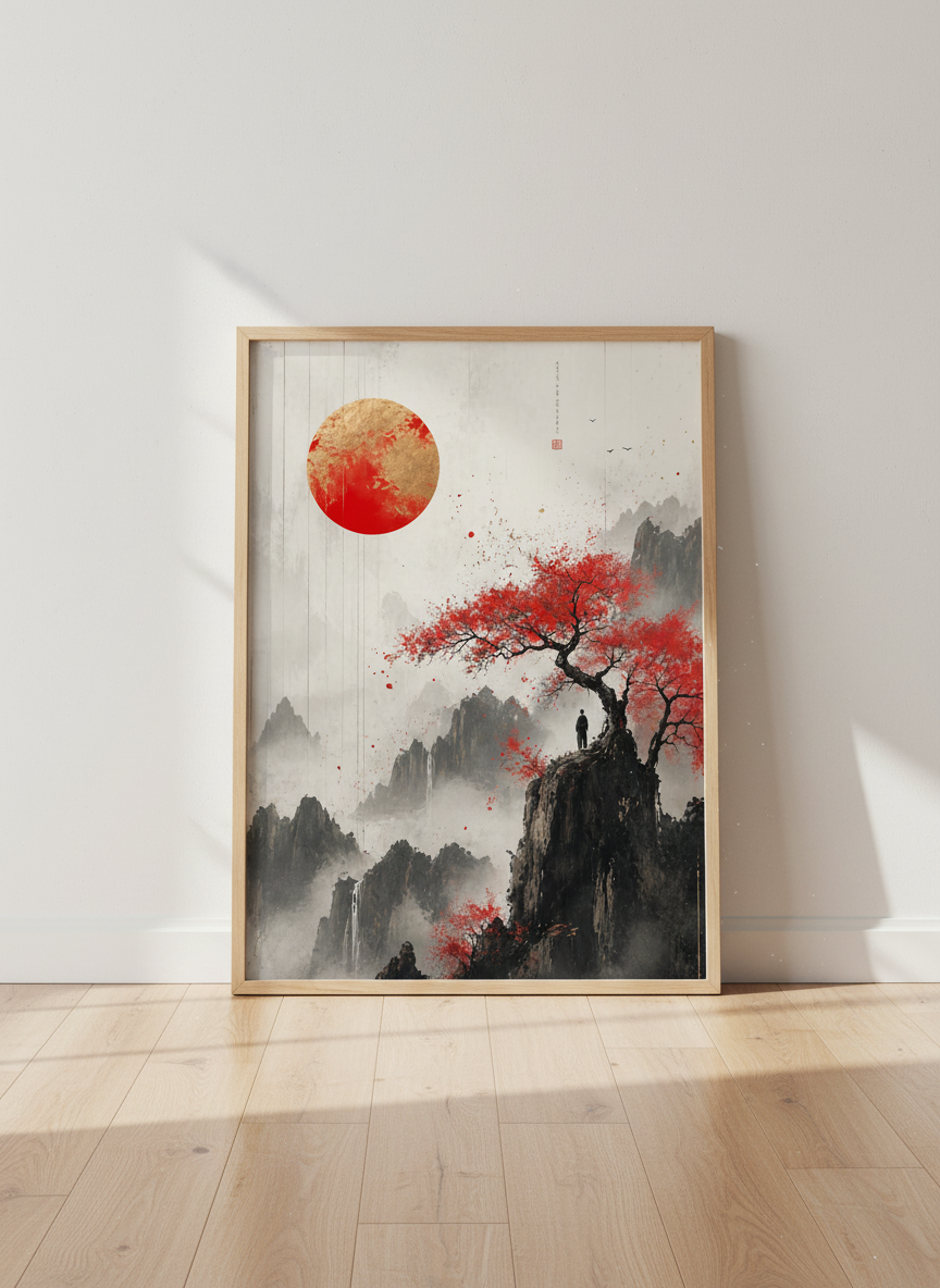 Japanese Mountain Landscape Wall Art | Red Sun Zen Poster, Living Room Decor