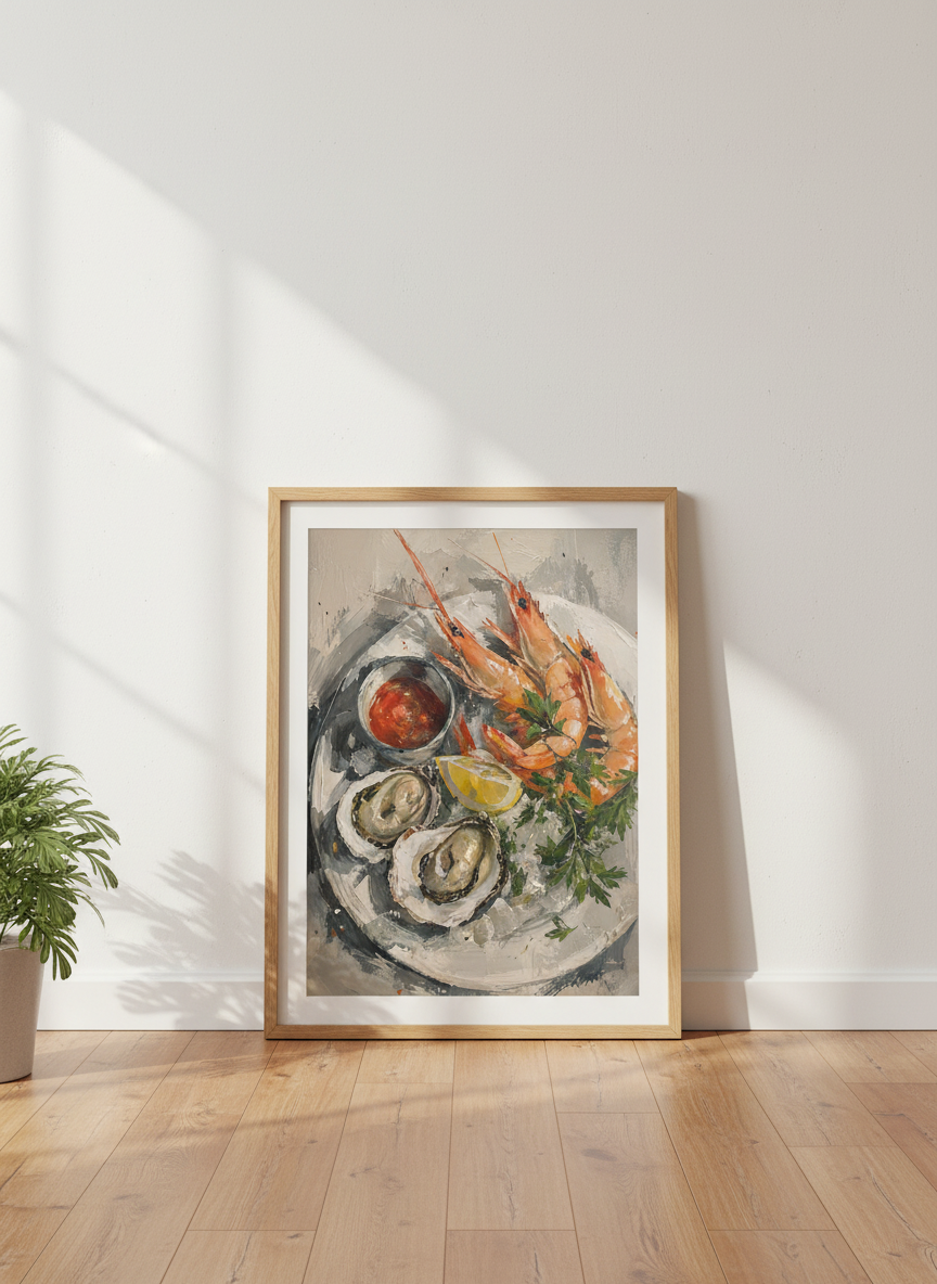 Seafood Platter Painting | Impasto Oysters &amp; Prawns, Kitchen Wall Art Print