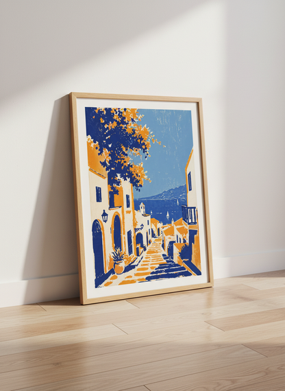 Mediterranean Coastal Village Art | Blue &amp; Orange Travel Poster, Living Room Decor