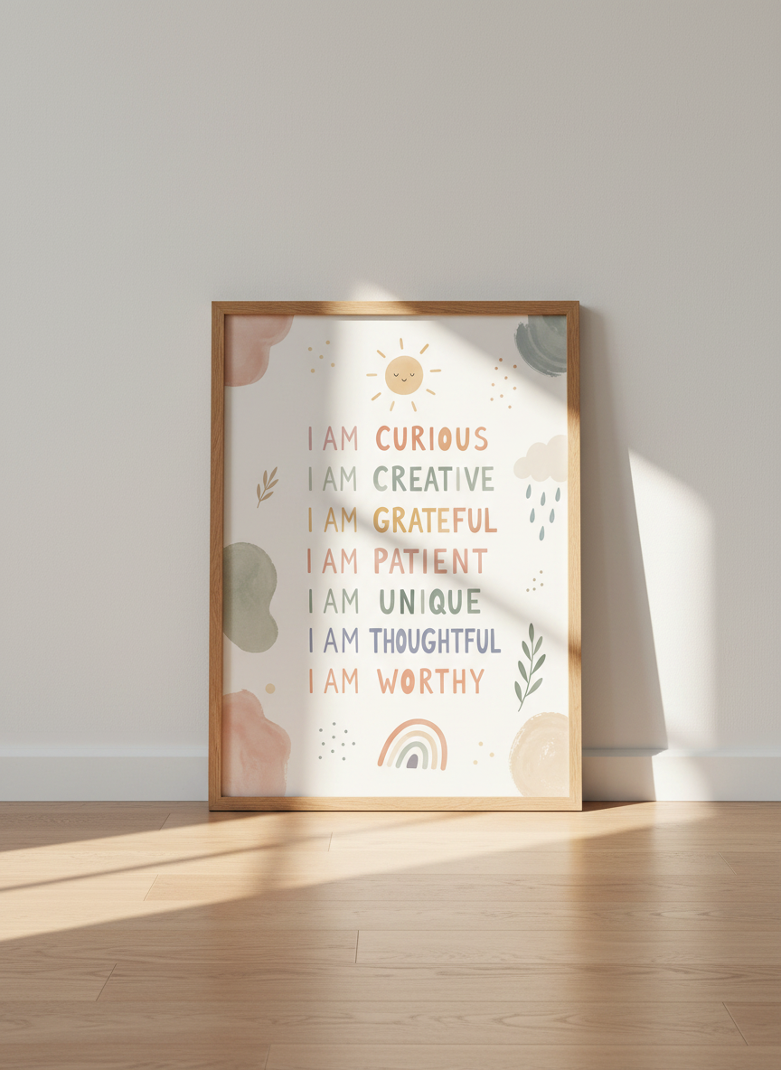 Boho Kids Affirmations Wall Art | Muted Pastel Nursery Decor | I Am Worthy Poster