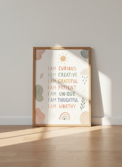 Boho Kids Affirmations Wall Art | Muted Pastel Nursery Decor | I Am Worthy Poster