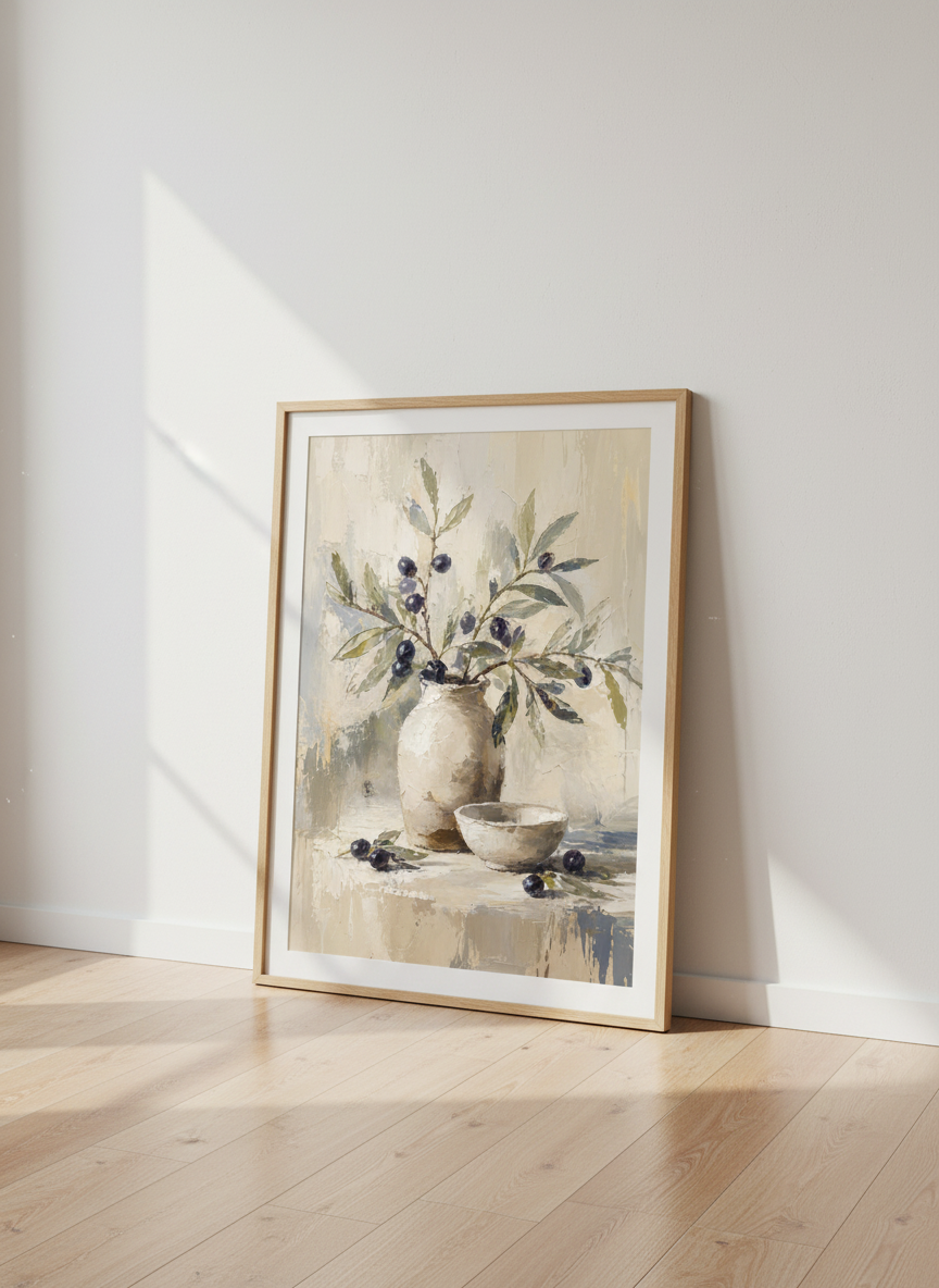 Olive Branch Vase Still Life | Rustic Neutral Oil Painting, Kitchen Farmhouse Wall Art