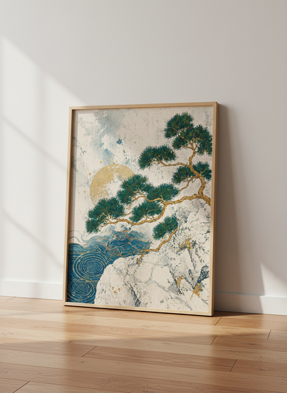 Japanese Pine Tree Wall Art Print | Teal &amp; Gold Nature Decor | Zen Landscape Poster