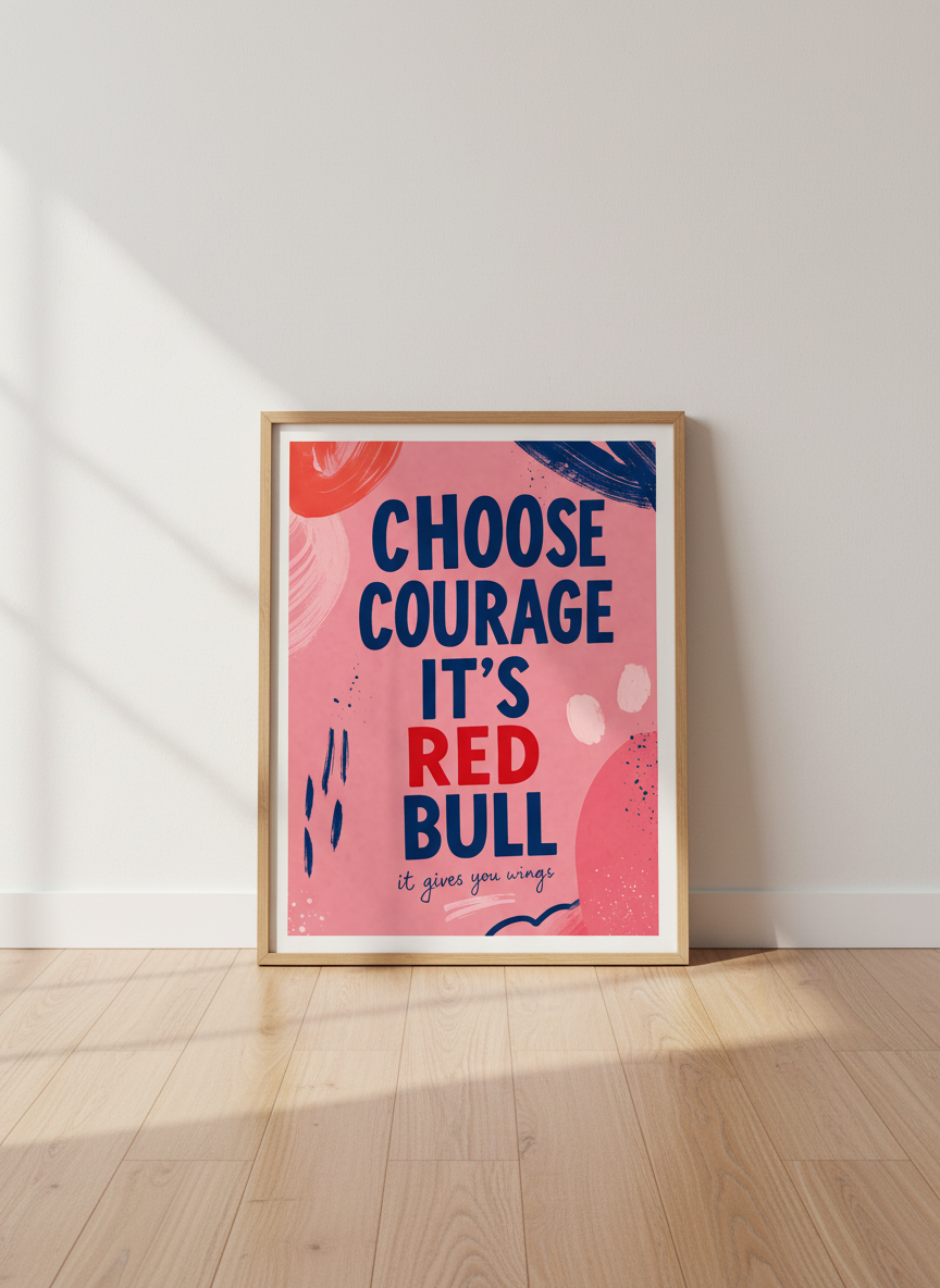 Choose Courage Red Bull Art Print | Pink Dorm Room Decor | Bold Aesthetic Poster