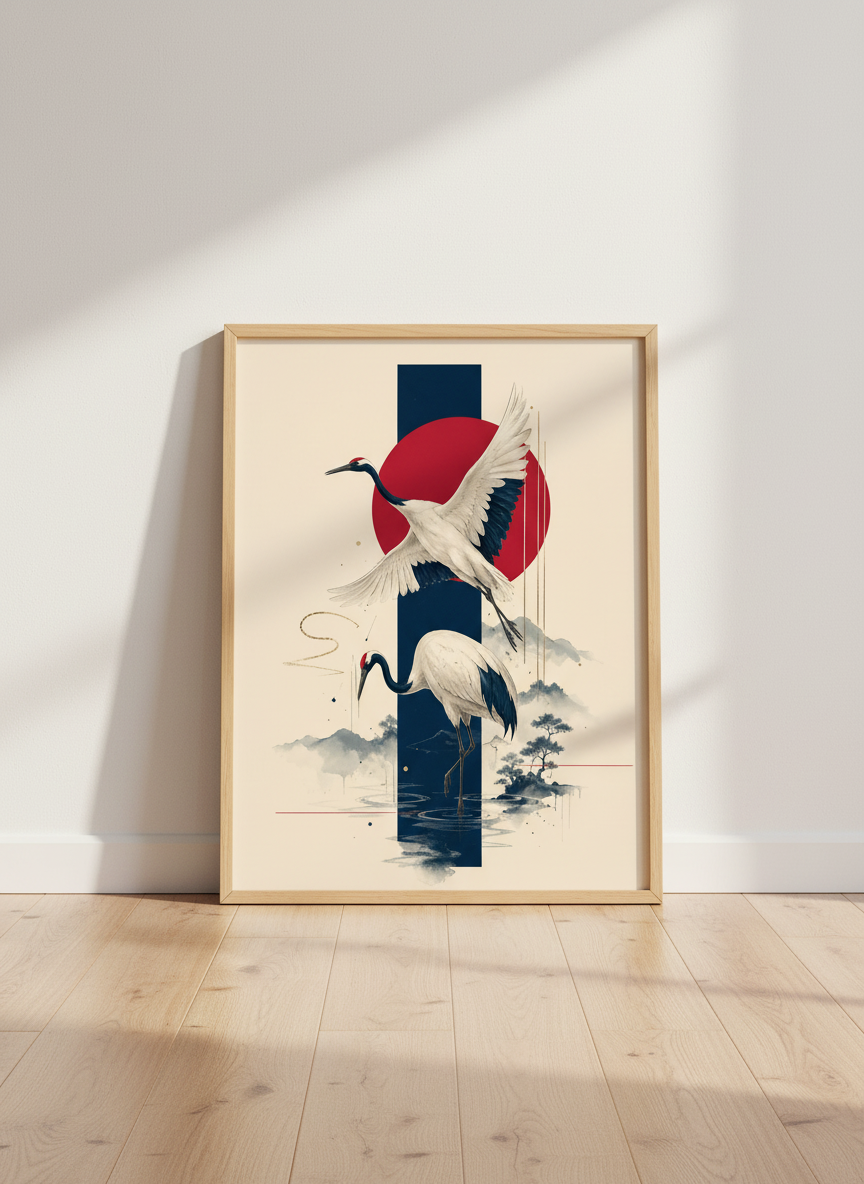 Japanese Crane Wall Art | Minimalist Red Sun Poster, Zen Bedroom Decor
