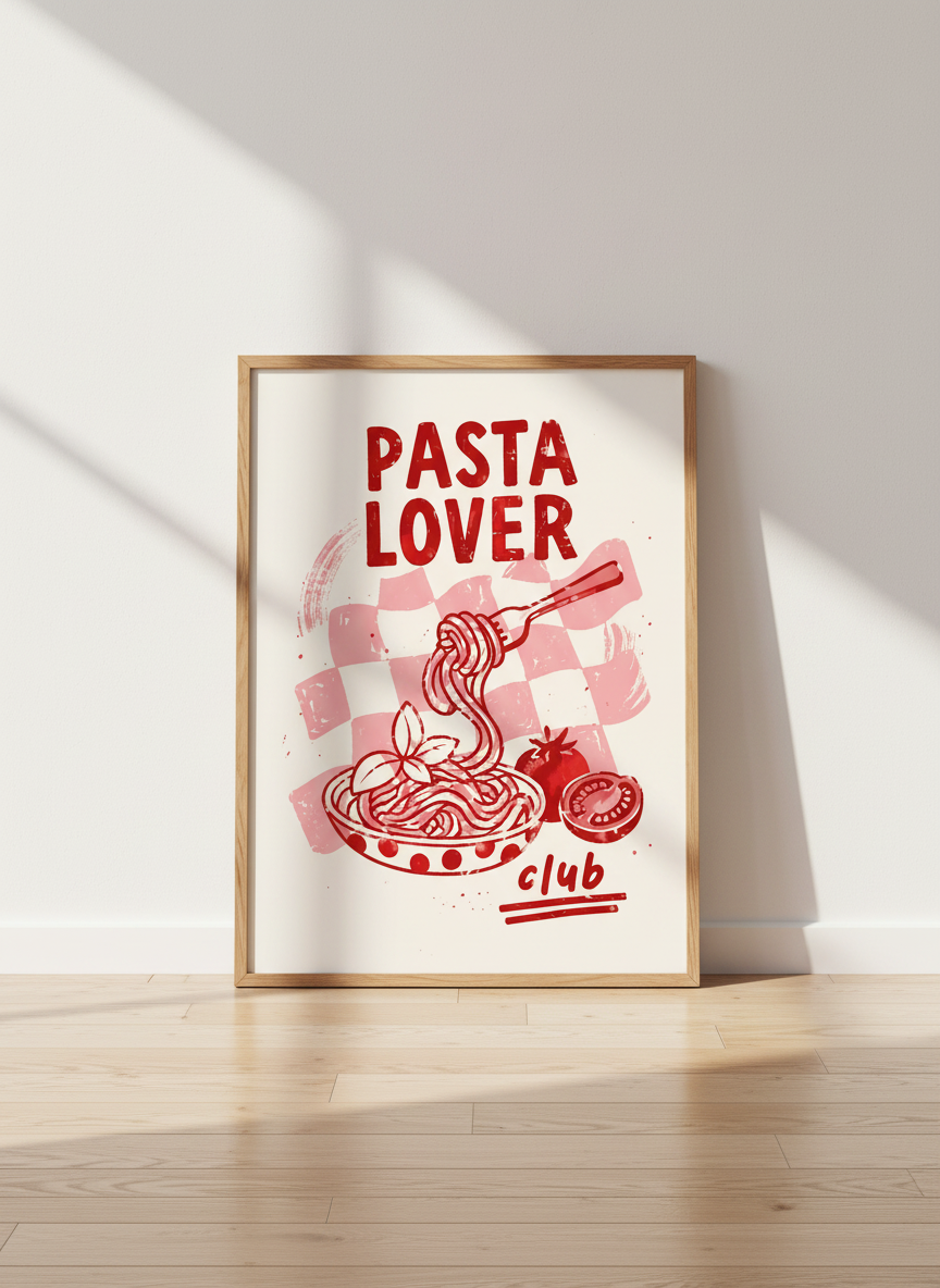 Pasta Lover Club Art Print | Red Kitchen Decor | Retro Foodie Poster