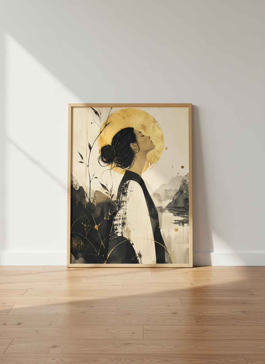 Japanese Sun Woman Wall Art Print | Zen Bedroom Decor | Gold Abstract Poster