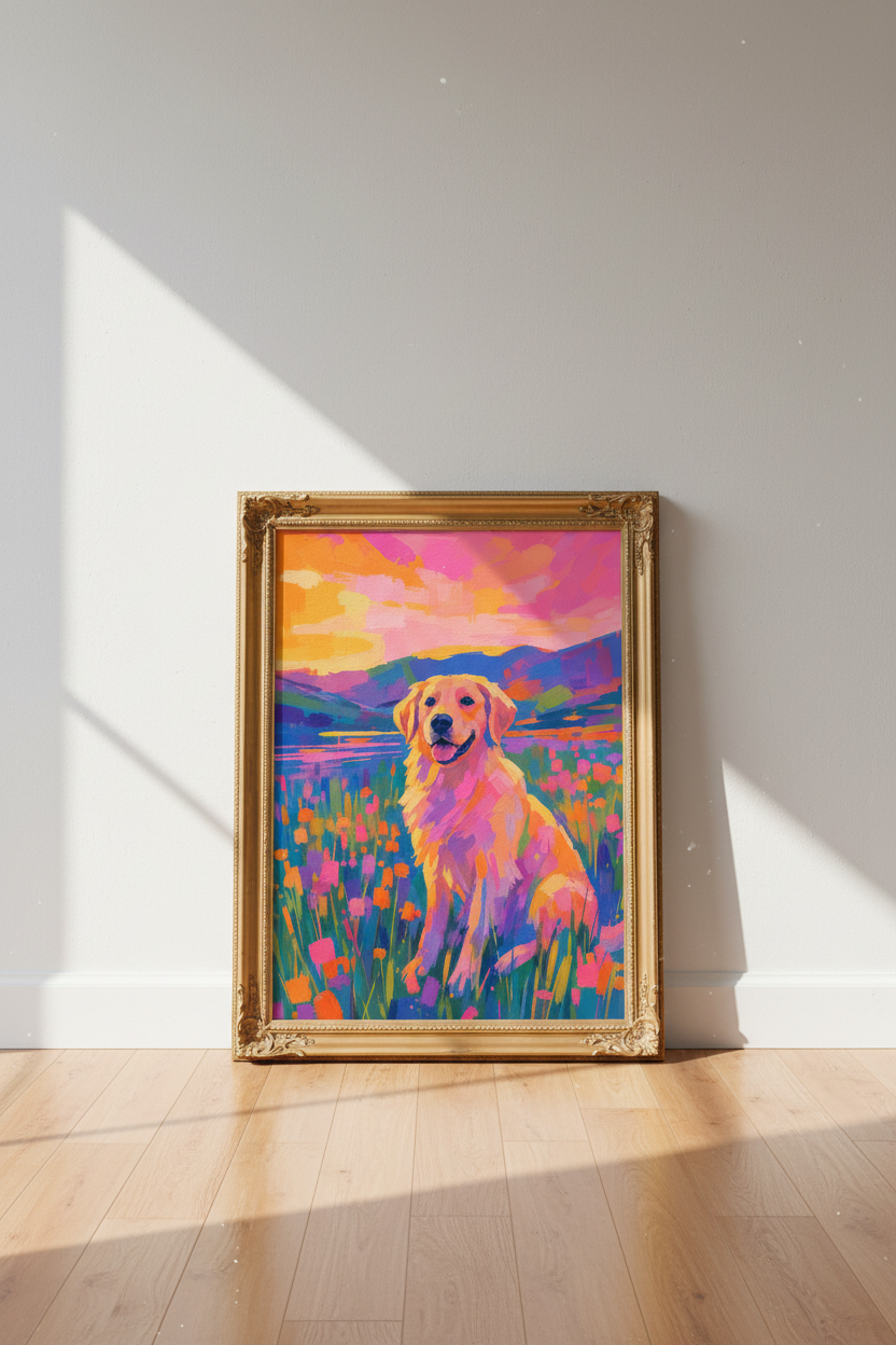 Golden Retriever Art | Vibrant Pop Art, Living Room Decor