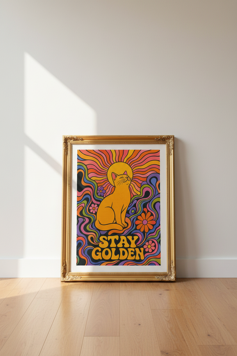 Retro Cat Poster | Psychedelic Sunburst Colors, Living Room Decor