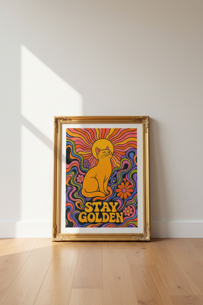 Retro Cat Poster | Psychedelic Sunburst Colors, Living Room Decor