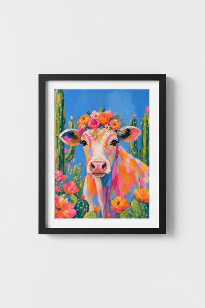 colorful cow print | Whimsical Floral Farmhouse Livingroom Poster