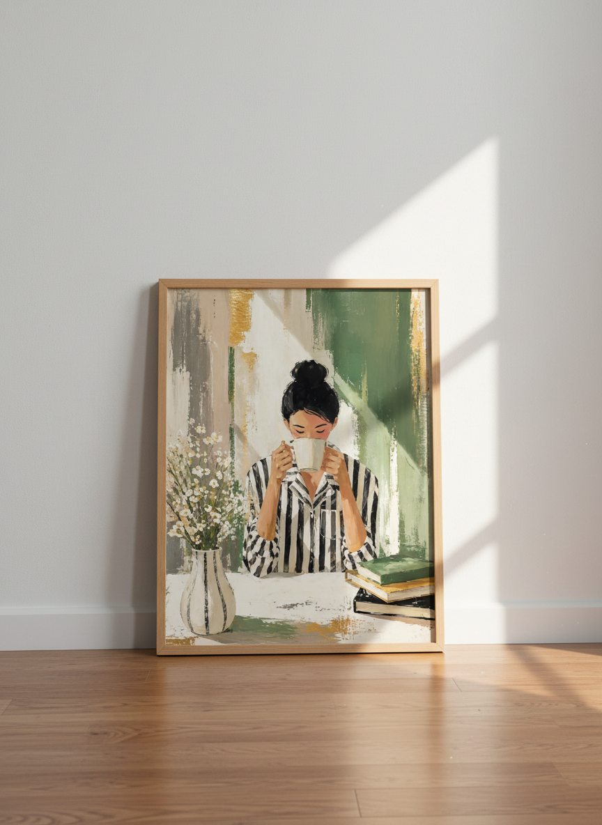 Coffee Woman Wall Art Print | Sage Green Kitchen Decor | Impressionist Poster