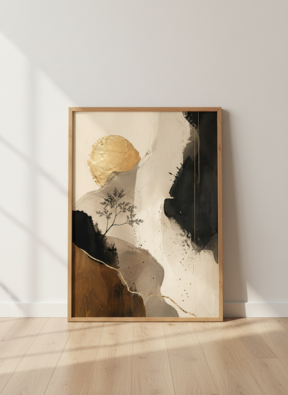 Abstract Gold Sun Landscape Wall Art | Modern Neutral Poster | Japandi Living Room Decor