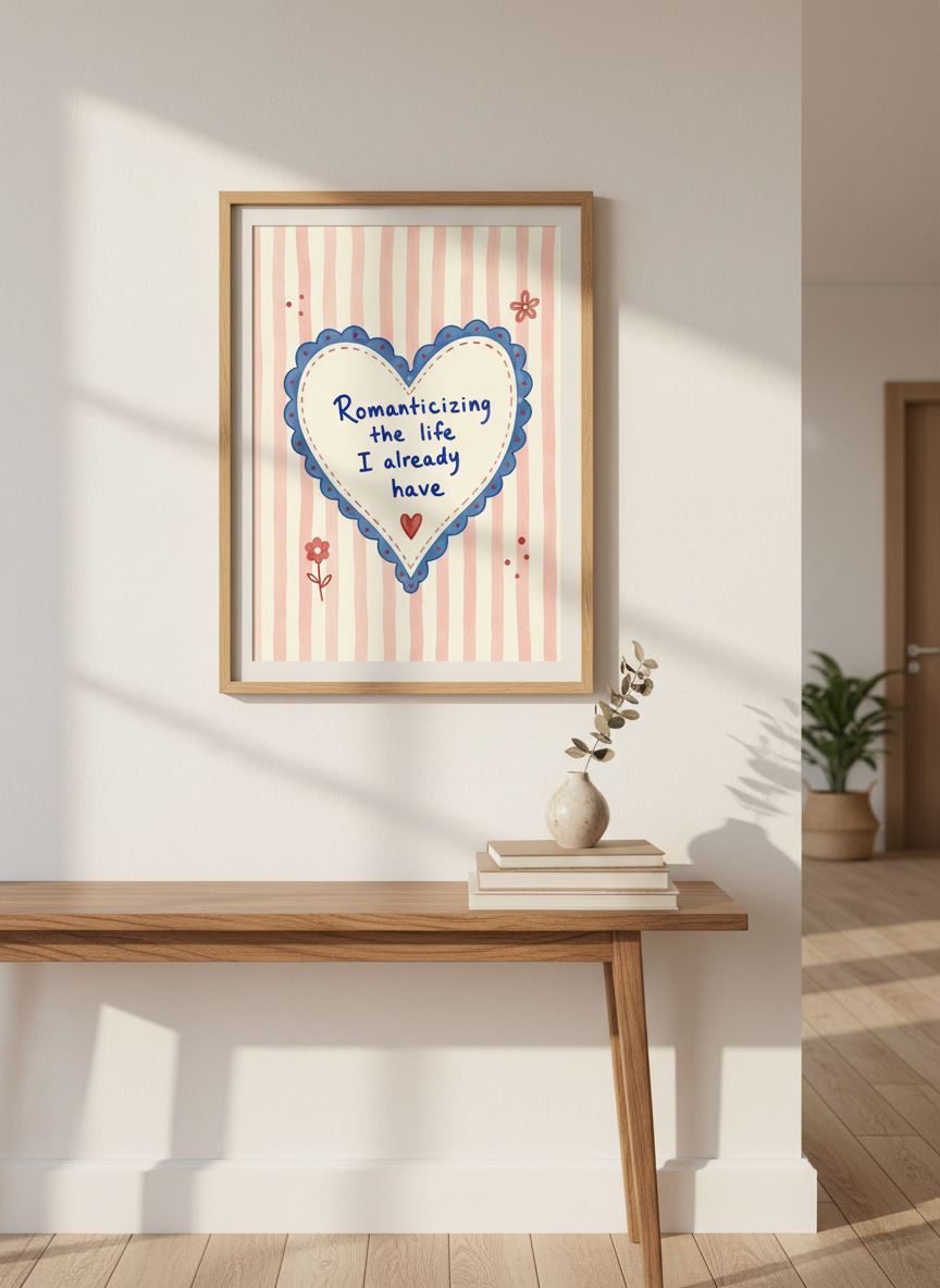 Romanticizing Life Print | Pink &amp; Blue Heart Wall Art, Aesthetic Decor | Cozy Home