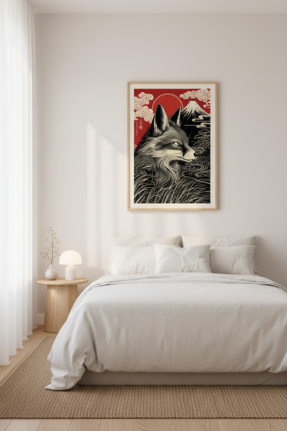 Japanese Kitsune Fox Wall Art | Hakone Mount Fuji Poster, Red &amp; Black Zen Decor