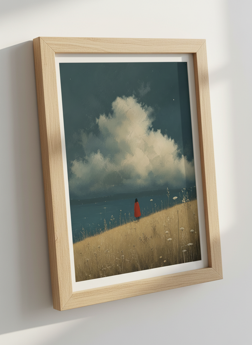 Lone Figure in Red Coat | Moody Blue Sea Landscape, Impressionist Bedroom Wall Art Poster