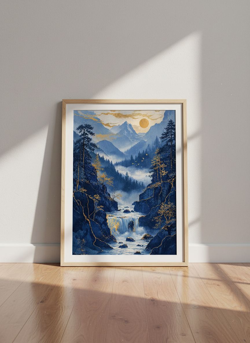Blue Gold Mountain Waterfall Wall Art | Living Room Decor | Japanese Aesthetic Poster