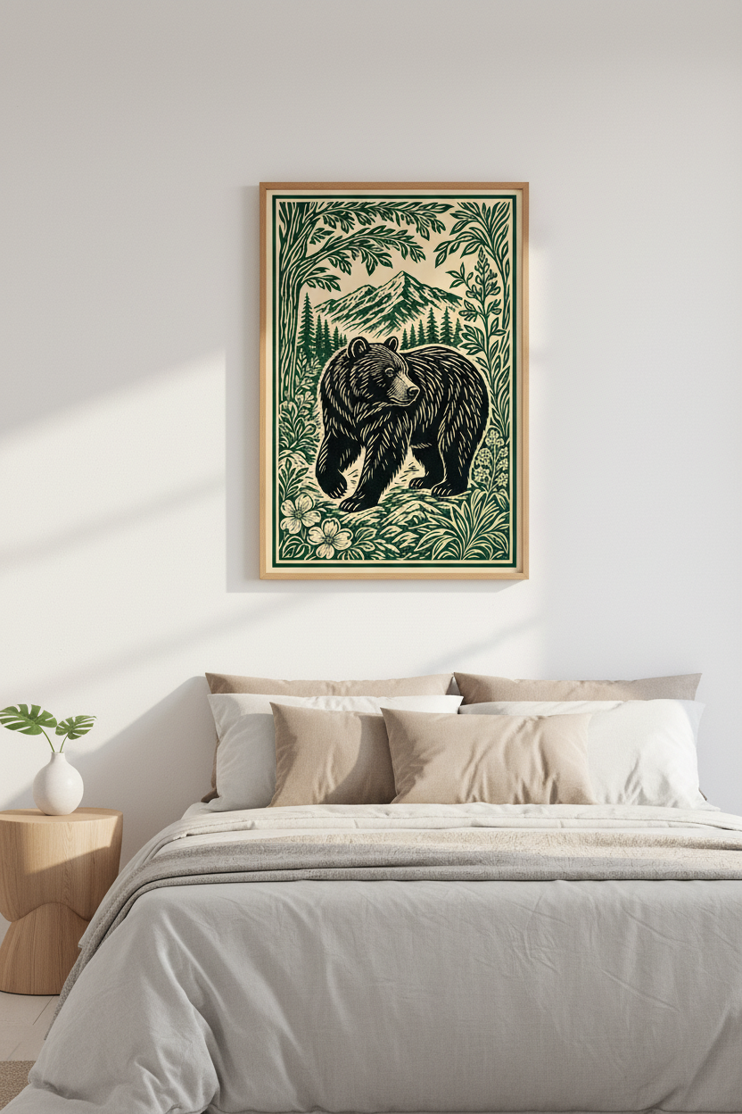 Grizzly Bear Linocut Print | Mountain Forest Wall Art, Cabin Decor Aesthetic