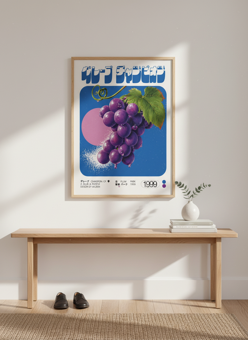Retro Japanese Grape Poster | Fruit Kitchen Art, Blue Purple Aesthetic Room Decor