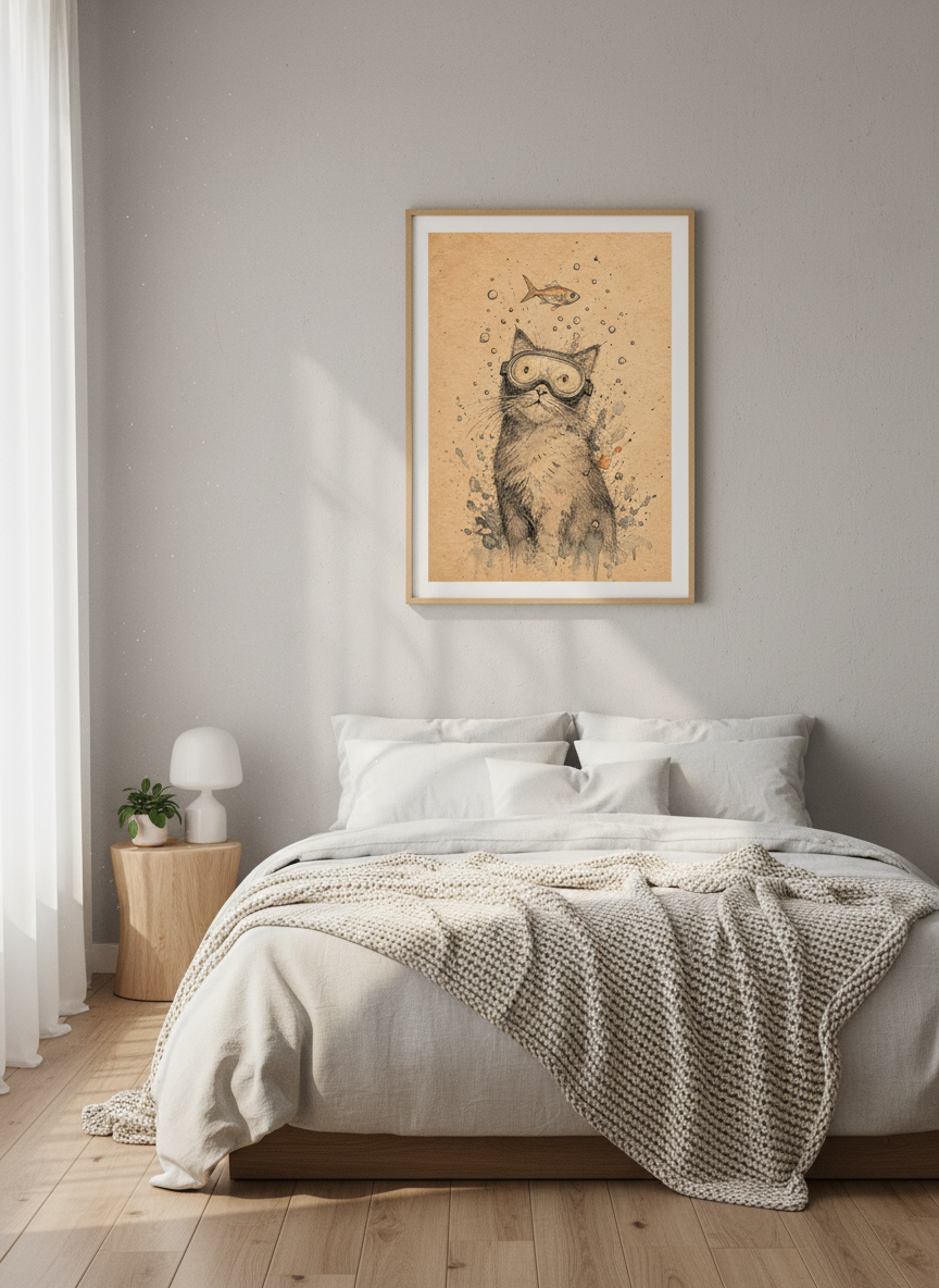 Scuba Diving Cat Wall Art | Whimsical Ink Sketch Decor | Funny Animal Poster