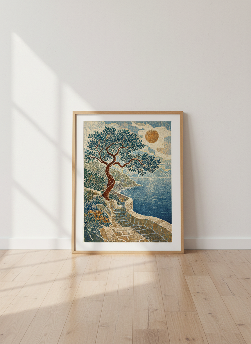 Mediterranean Tree Wall Art Print | Coastal Path Decor | Woodcut Aesthetic Poster