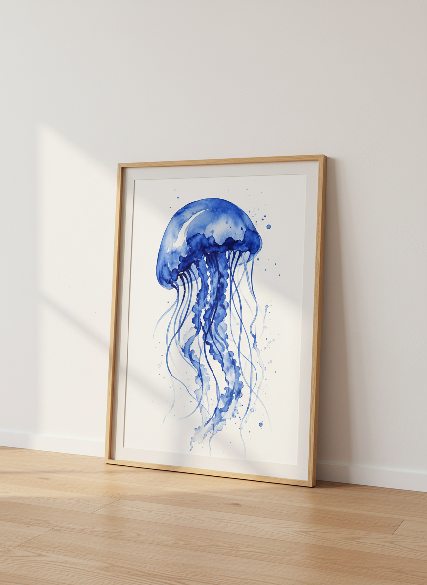 Blue Jellyfish Watercolor | Coastal Indigo Sea Life Print | Modern Bathroom Decor