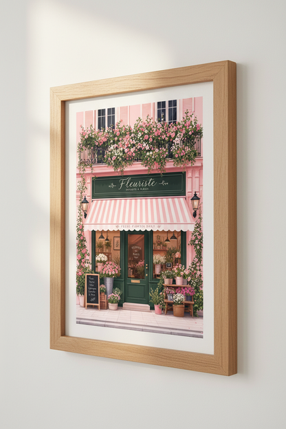 Parisian Flower Shop Wall Art | Pastel Pink French Floral Decor, Botanical Poster Print