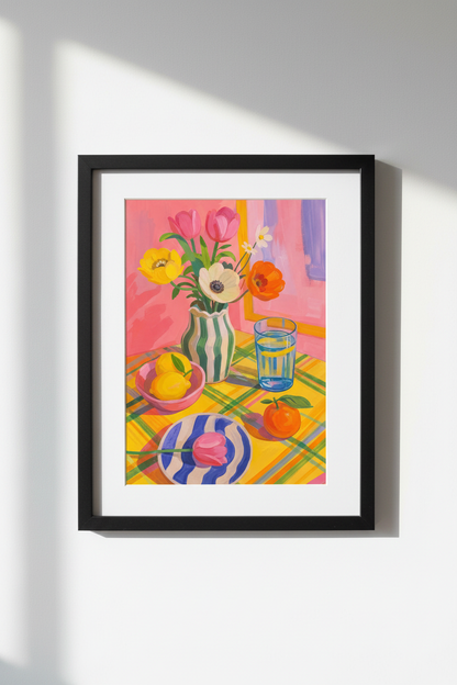 Bright Floral Poster | Painterly Pink Yellow, Kitchen Decor