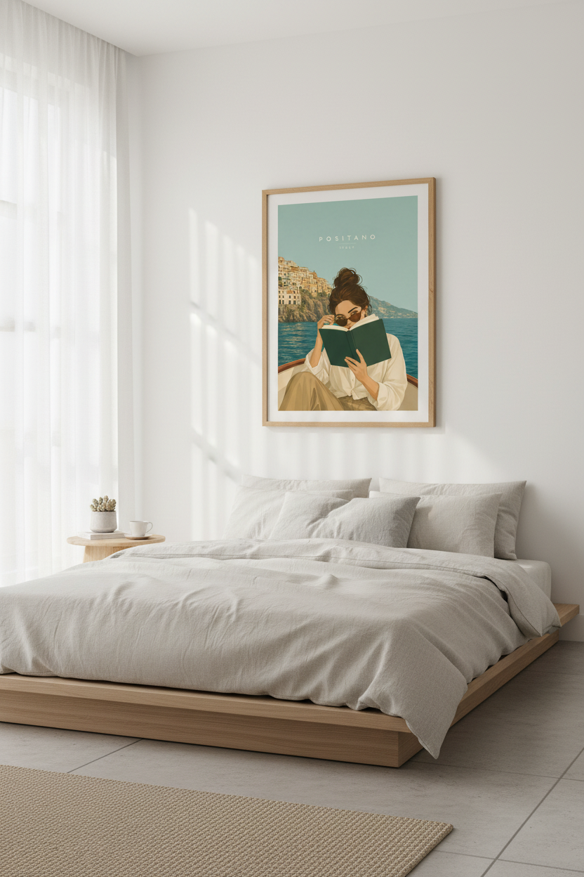Positano Italy Woman Reading Poster | Coastal Home Decor | Retro Mediterranean Art