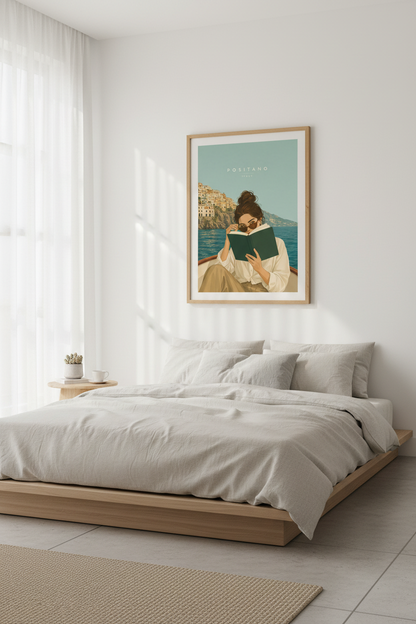 Positano Italy Woman Reading Poster | Coastal Home Decor | Retro Mediterranean Art