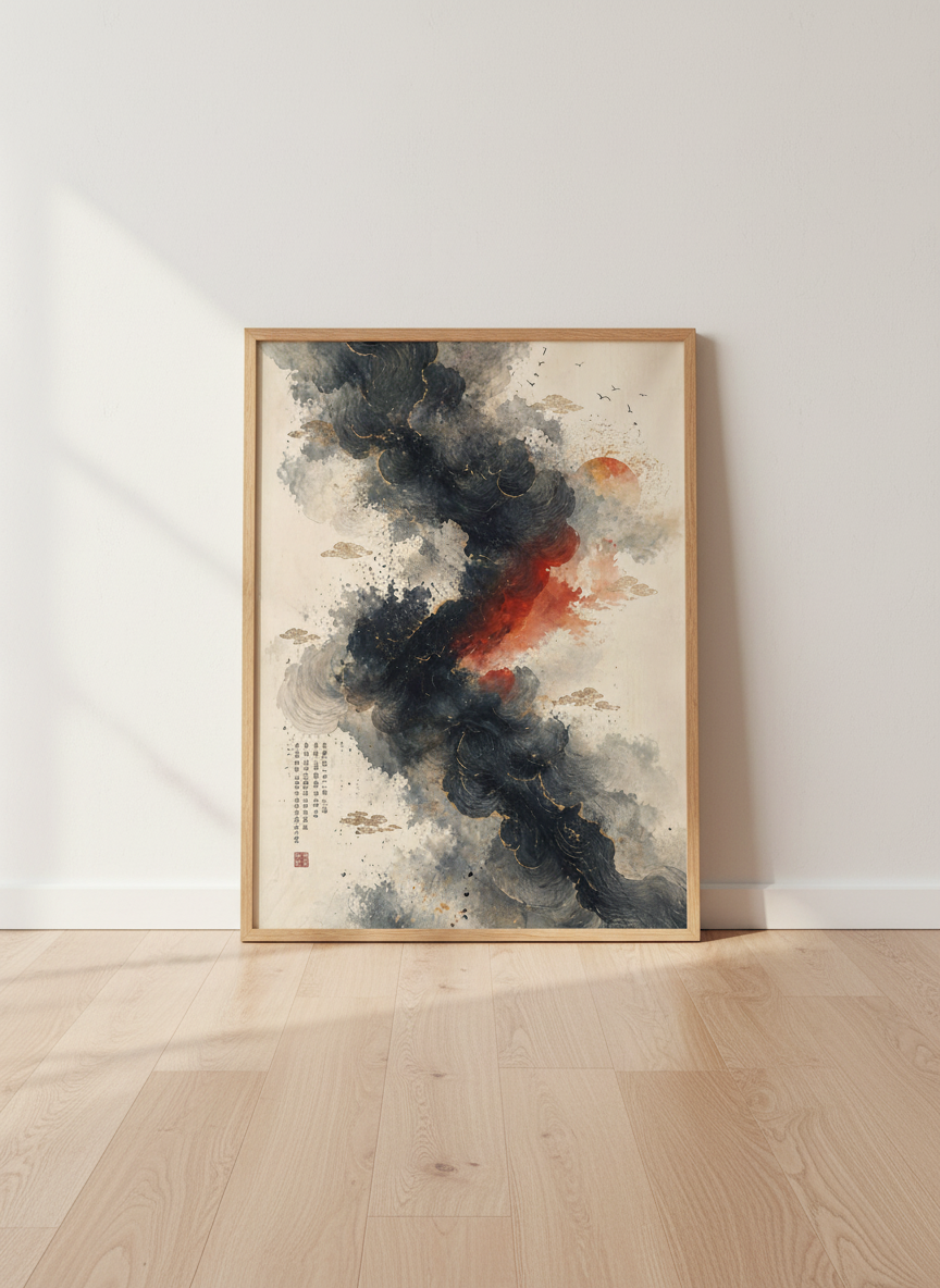 Japanese Abstract Ink Cloud Wall Art | Black Red Gold Poster | Zen Living Room Decor