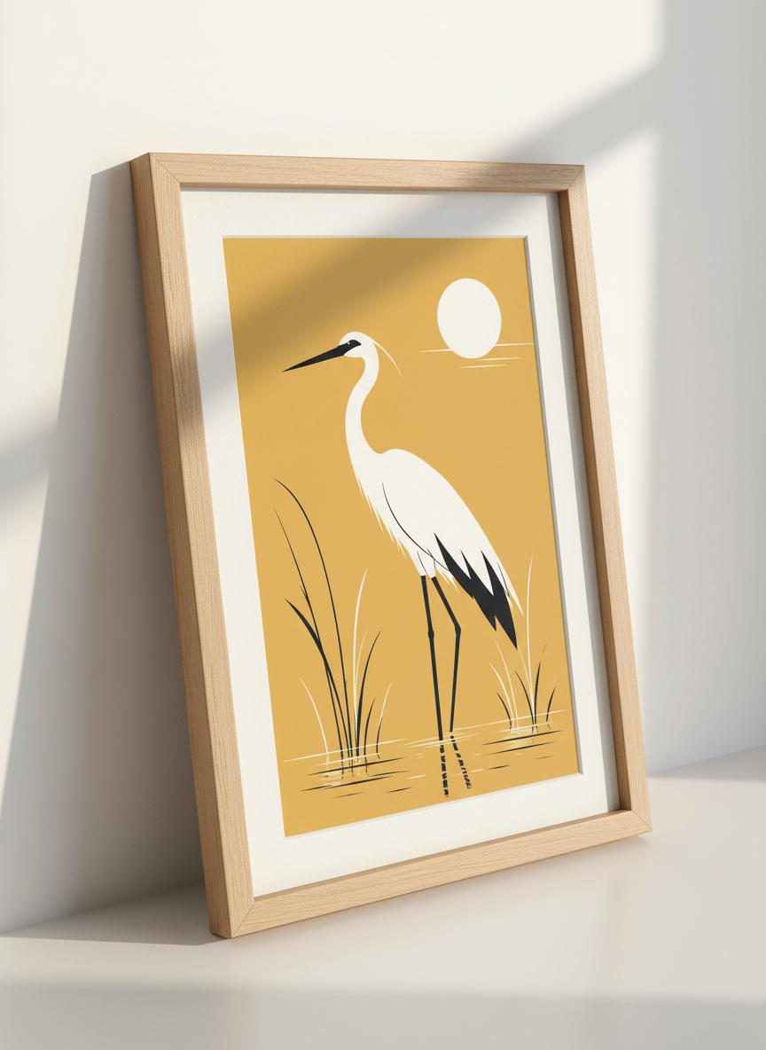 Heron Wall Art | Minimalist Egret Bird Print, Yellow Sunset Coastal Decor Poster