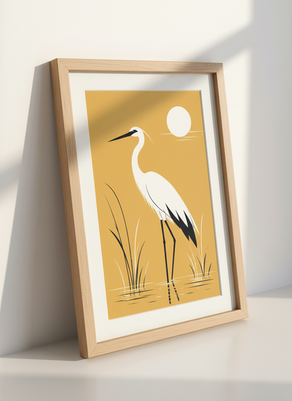 Heron Wall Art | Minimalist Egret Bird Print, Yellow Sunset Coastal Decor Poster