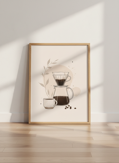 Minimalist Pour Over Coffee Art | Neutral Beige Kitchen Decor | Barista Poster