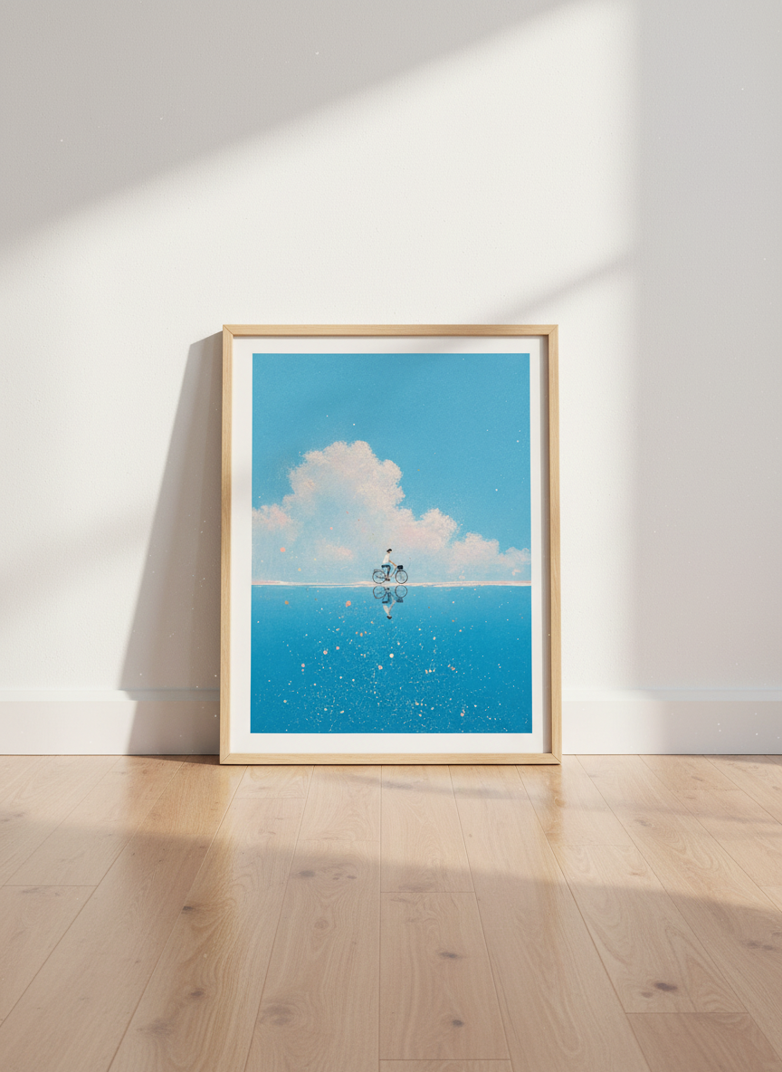 Bicycle Sky Reflection | Blue Minimalist Impressionist Art, Bedroom Nursery Poster