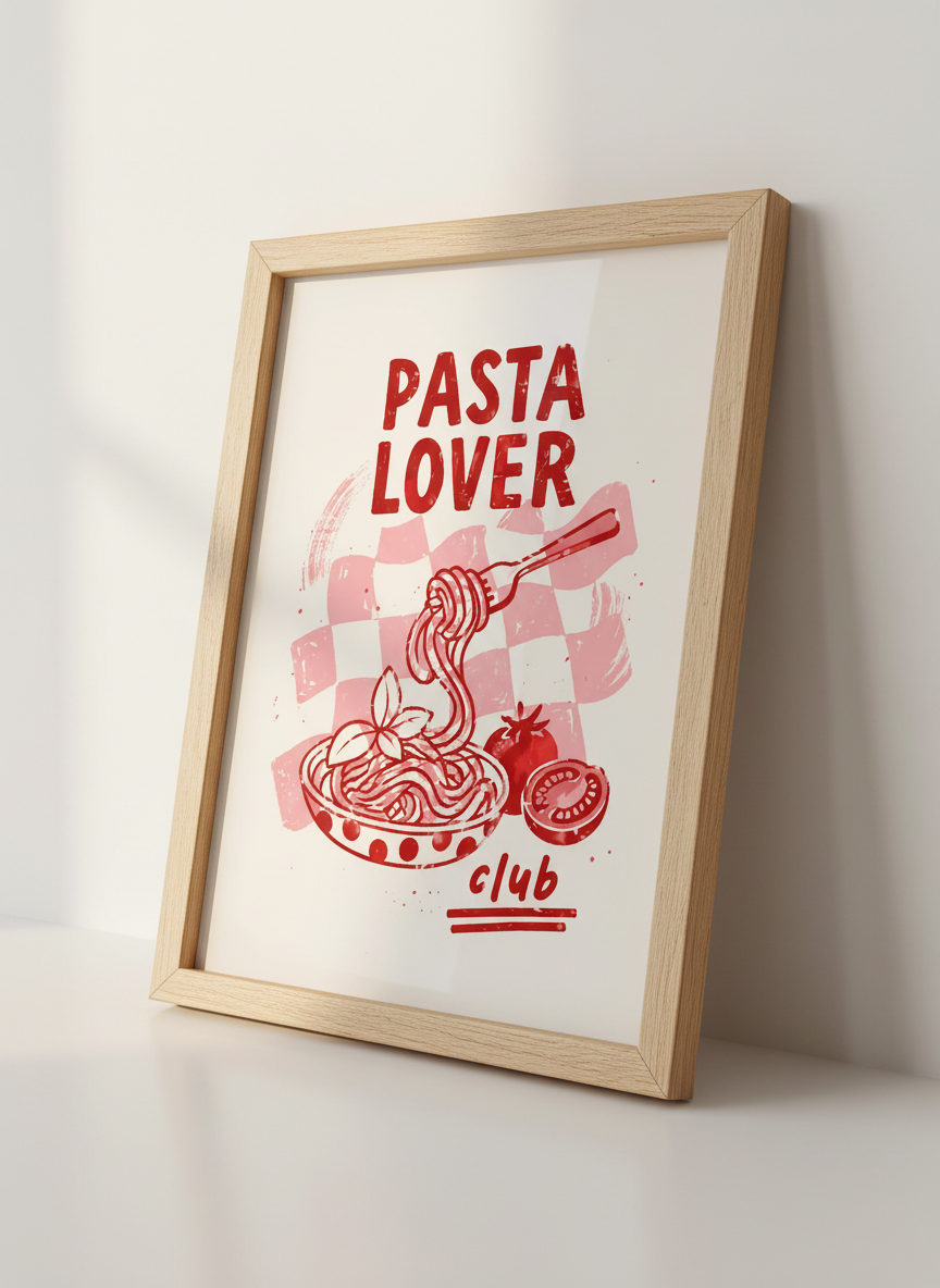 Pasta Lover Club Art Print | Red Kitchen Decor | Retro Foodie Poster