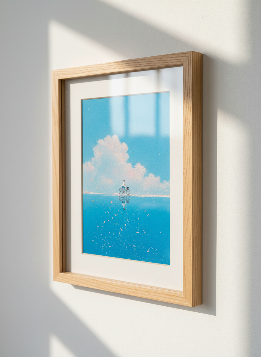 Bicycle Sky Reflection | Blue Minimalist Impressionist Art, Bedroom Nursery Poster