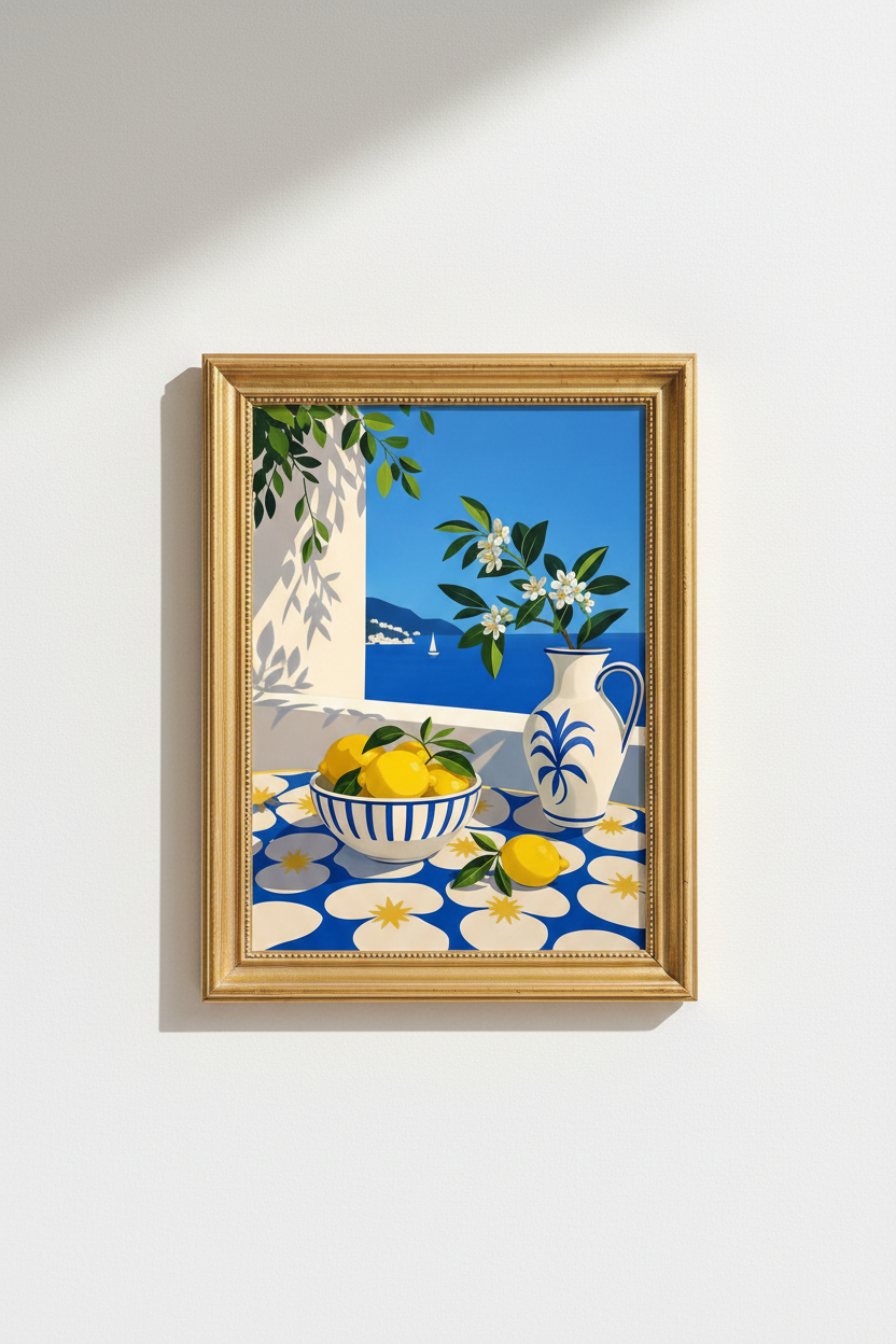 coastal lemon print | Mediterranean blue &amp; yellow kitchen decor