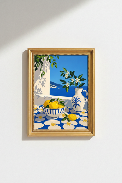 coastal lemon print | Mediterranean blue &amp; yellow kitchen decor
