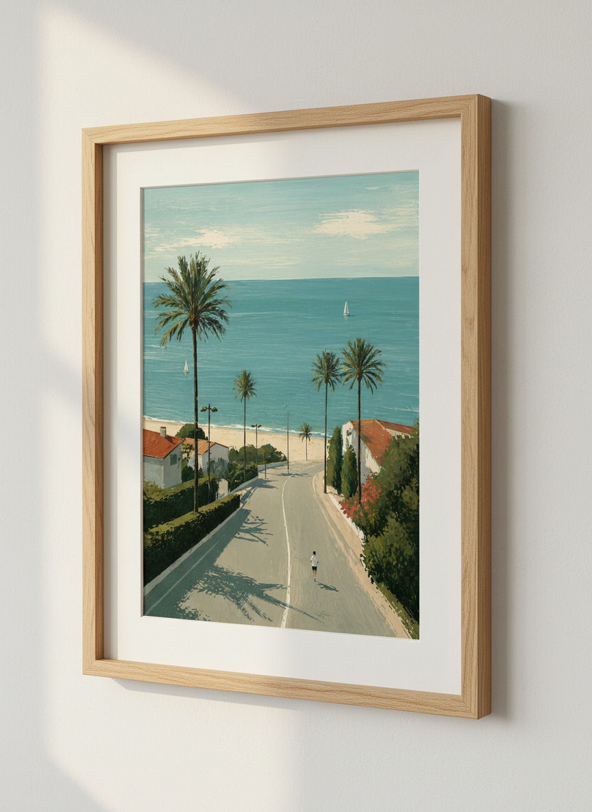 Mediterranean Coastal Road Art Print | Beach House Wall Decor | Palm Tree Poster