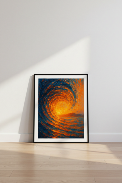 Abstract Ocean Wave Art Print | Marine Blue &amp; Sunset Orange Impasto