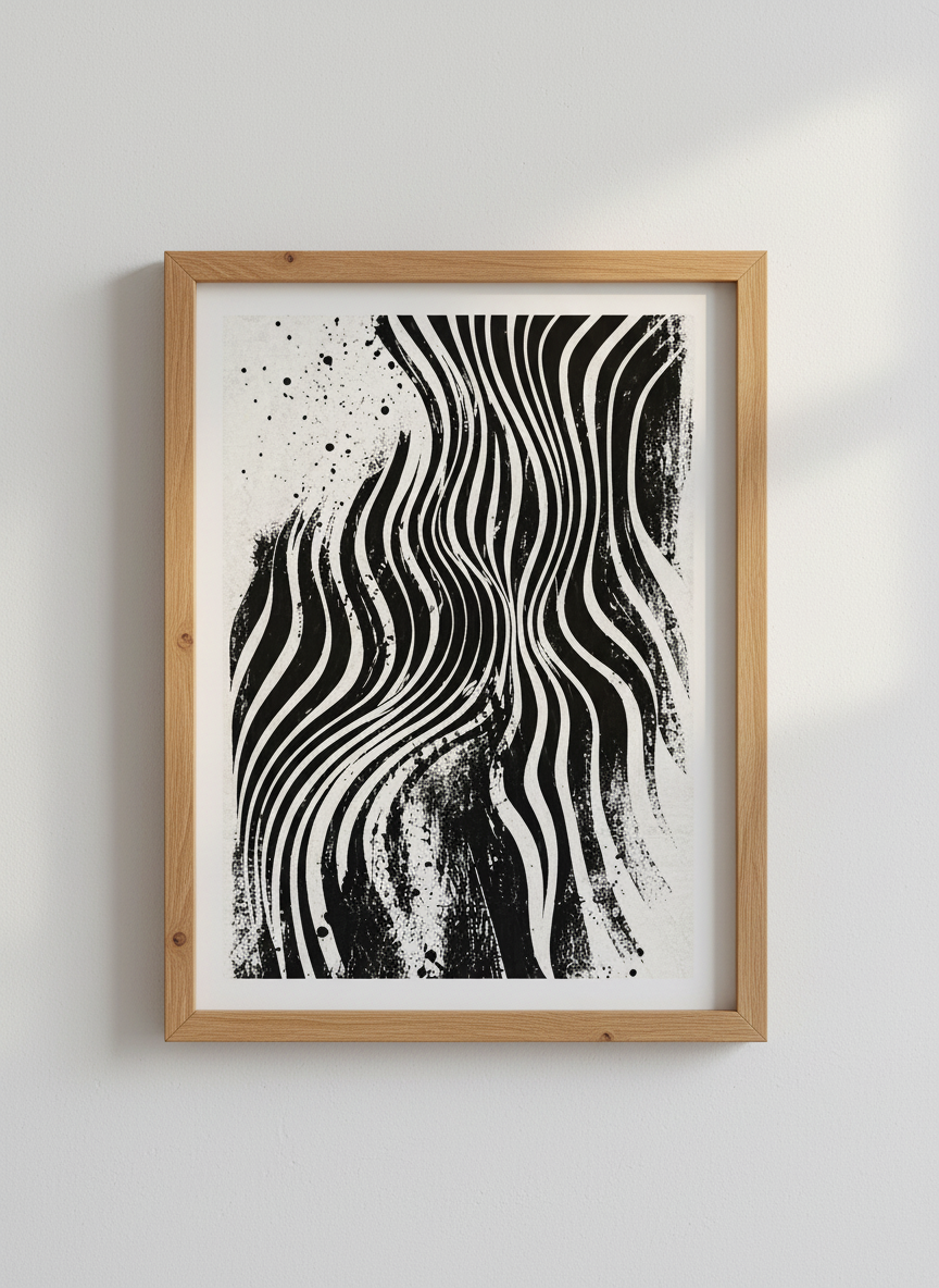 Abstract Wavy Lines Wall Art | Black and White Ink Poster, Modern Office Decor