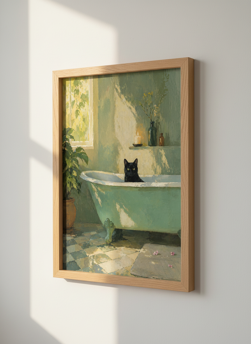 Black Cat in Bathtub | Sage Green Impressionist, Bathroom Decor Wall Art