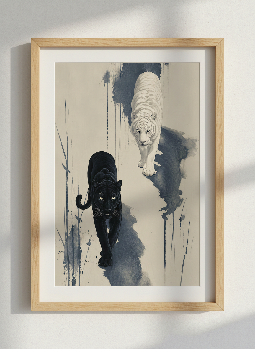 Black Panther &amp; White Tiger | Ink Wash Style, Modern Living Room Decor
