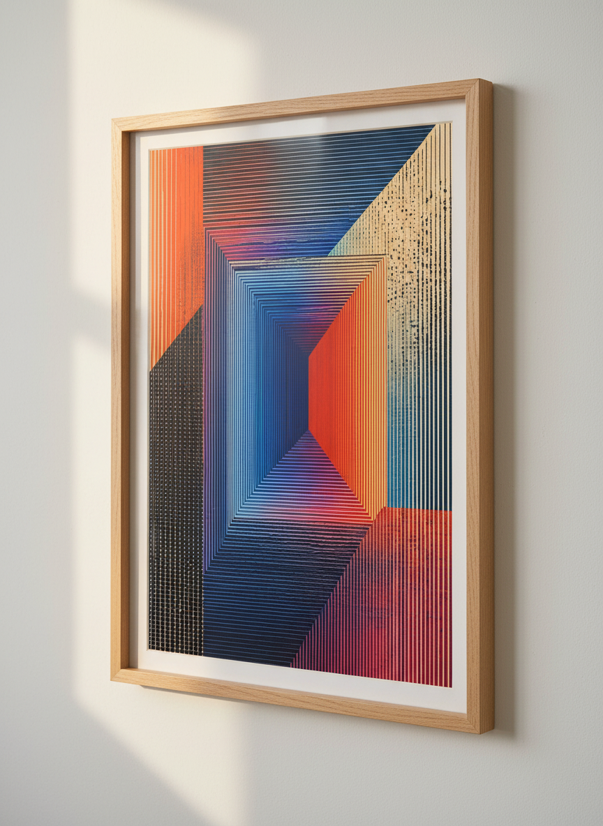 Abstract Geometric Optical Illusion Art | Navy &amp; Orange Modern Decor, Living Room Poster