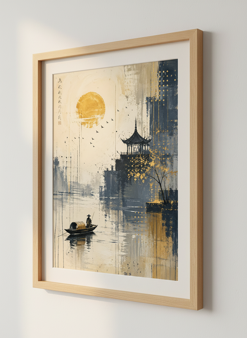 Japanese Pagoda Landscape Art | Navy &amp; Gold Abstract, Zen Home Decor Poster
