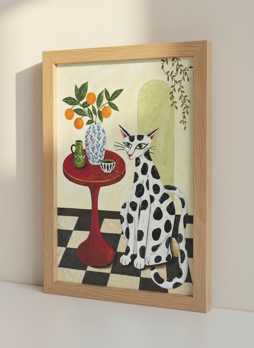 Cat Art Print | Whimsical Polka Dot Feline, Maximalist Home Decor, Quirky Pet Gift